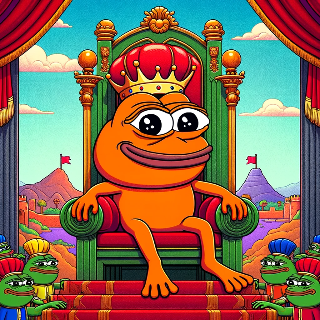 DALLE 2024-04-16 19.59.10 - A cartoon-style depiction of a frog character inspired by 'Pepe', colored entirely orange (head, hands, feet, and legs), sitting on a large throne 1